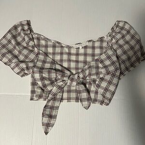 Black and Red Puff Sleeve Crop Top with Tie Front